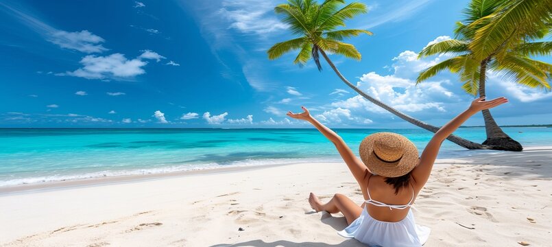 Joyful woman enjoying summer beach vacation, relaxing by seaside with palm trees and sea view