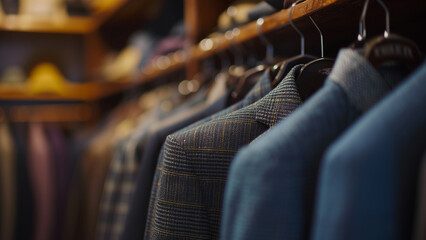 Soft Focus Sartorial: Blurred View of Hanging Suits in a Tailor Shop - obrazy, fototapety, plakaty