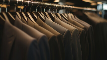 Tailored Blur: Suits Hanging in a Classic Tailor Shop, Shot Out of Focus