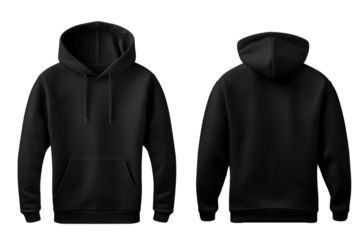 Blank front and back view black hoodie template on transparent background. Mockup template for artwork graphic design.