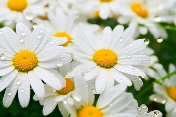 white daisies with dew drops closeup. Beautiful camomile with water drops.