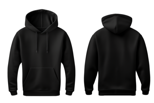Blank front and back view black hoodie template on transparent background. Mockup template for artwork graphic design.