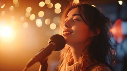 happy beautiful girl sings in karaoke, blurred background with copy space
