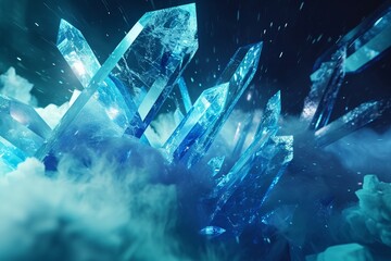 Glowing crystal shards suspended in a digital ocean