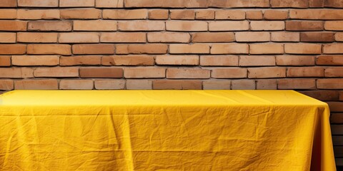 Empty table with tablecloth against yellow brick wall. Suitable for food stand or product display.