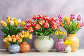 A colorful display. table adorned with vibrant vases overflowing with lively tulips