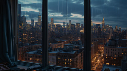 Fototapeta na wymiar Urban Serenity: Gazing at a Rain-Soaked City at Sunset from a Penthouse
