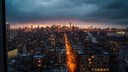 Twilight Tapestry: A Rainy December Sunset Over the City from a Penthouse
