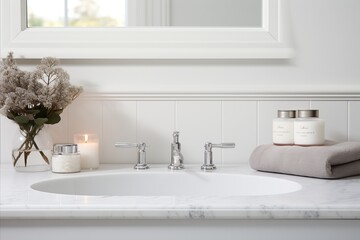 Fototapeta na wymiar Modern minimalist bathroom design with sleek water faucet set against light white backdrop