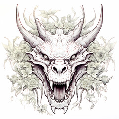Decorative skull of dragon monster in tribal tattoo. Hand drawn black illustration isolated on white background. Floral pattern of plants