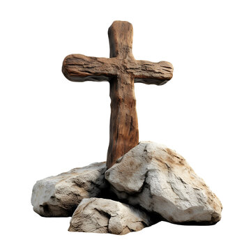 Upon the stone lies a Christian wooden cross, Isolated on Transparent Background, PNG