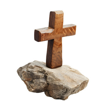 Wooden Christian cross situated on the stone, Isolated on Transparent Background, PNG