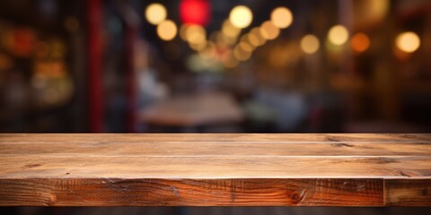 Product display on empty wooden table or counter in a cafeteria, bar, or coffeeshop backdrop. - obrazy, fototapety, plakaty
