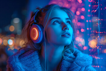 Futuristic Woman Model Face listening to music