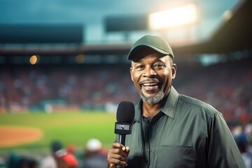 African american commentator on live translation of match on stadium