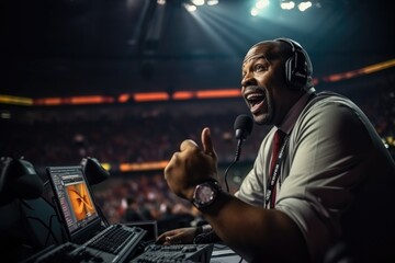 African american commentator on live translation of match on stadium