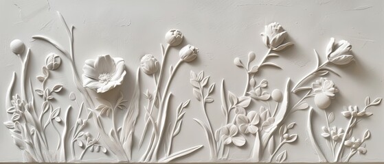 simple modern design subtle, minimalist botanical relief, textured art made of plaster - obrazy, fototapety, plakaty