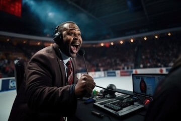 African american commentator on live translation of match on stadium