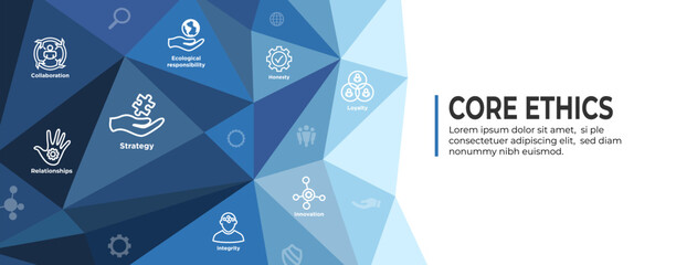 Core Ethics Web Header Banner with Dedication Integrity and Mission Core Values Icons