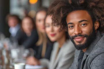 Portrait of a young handsome black man in a suit sitting at a table during a corporate business meeting with colleagues.
