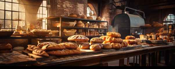 Traditional bakery shop with assortment of bread. banner