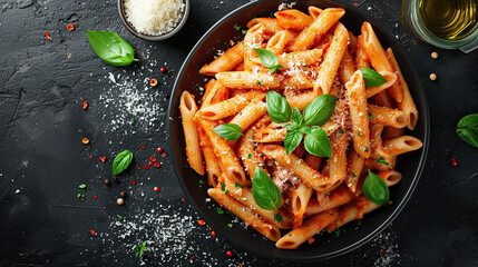 Classic italian pasta penne alla arrabiata with basil and freshly parmesan cheese on dark table....