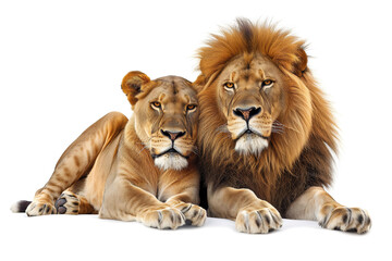 Obraz premium Lion and lioness are laying together, isolated on white background