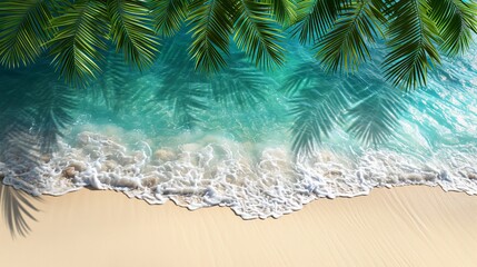 Tropical palm leaf shadow on water and sand, abstract summer vacation background concept
