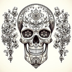 Decorative skull in tattoo illustration. Hand drawn black ink watercolor isolated on white background. Floral pattern of plants with flowers in retro vintage style design for T-shirt.