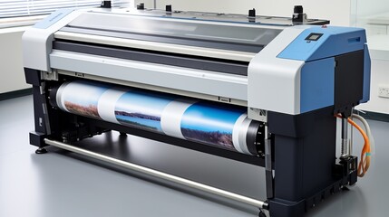 Large format plotter printing professional blueprints with copy space and wide design concept