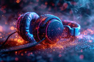 Headphones futuristic technology , music hits 3D Rendering
