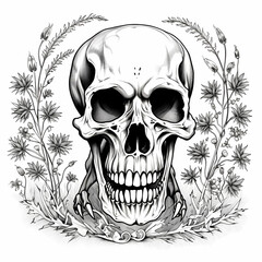 Obraz premium Decorative skull in tattoo illustration. Hand drawn black ink watercolor isolated on white background. Floral pattern of plants with flowers in retro vintage style design for T-shirt.