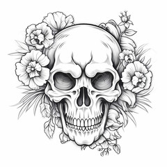 Decorative skull in tattoo illustration. Hand drawn black ink watercolor isolated on white background. Floral pattern of plants with flowers in retro vintage style design for T-shirt.