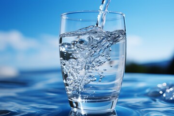 Pure refreshing drinking water in clear glass on soft blue background for health concept