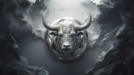Abstrakter Stier-Kopf in einem metallischen Ring, von weiß-grauen Gesteinsformationen gerahmt. Illustration