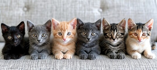 Playful and diverse array of cute cat kittens sitting together in a colorful row