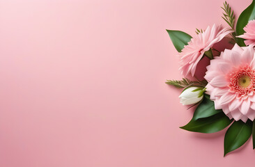 Women's day concept. Top photo of pink flowers on isolated pastel pink background with copy space