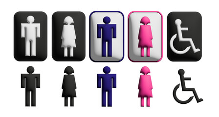 Símbolos 3D de baños públicos, femenino, masculino y discapacitado. - obrazy, fototapety, plakaty