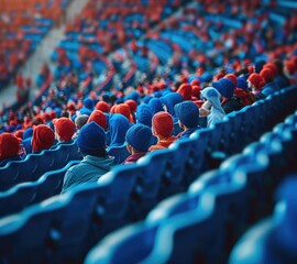 A rear view of the people sitting in the stadium in red and blue caps. Fans