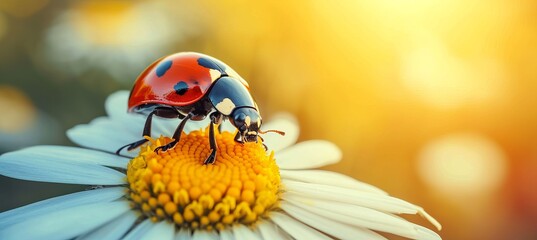 Ladybug on white flower  bright spring background with minimalistic abstract design and text space