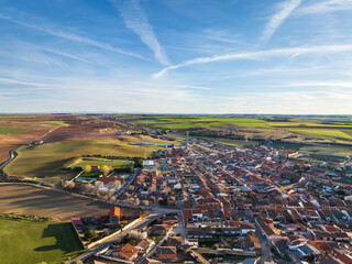 Aerial view of the Spanish town of Rueda in Valladolid, with its famous vineyards and wineries. - 719626188