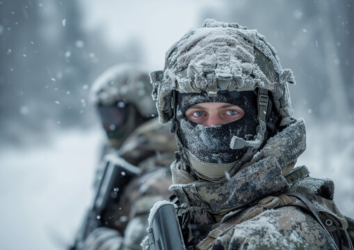 A Portrait of a Soldier in Military Outfit in the Snow