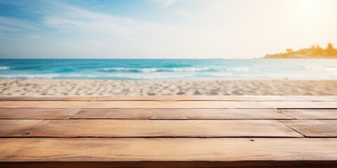 Wood table on beach background - ideal for showcasing products.