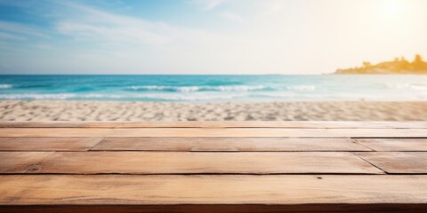 Fototapeta premium Wood table on beach background - ideal for showcasing products.