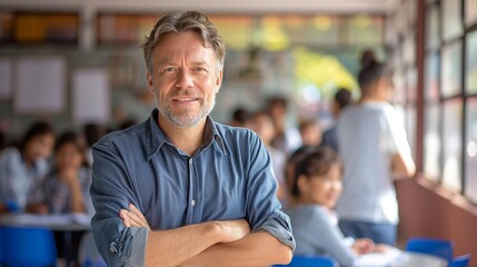 Happy male teacher in elementary school classroom with smiling students in the background