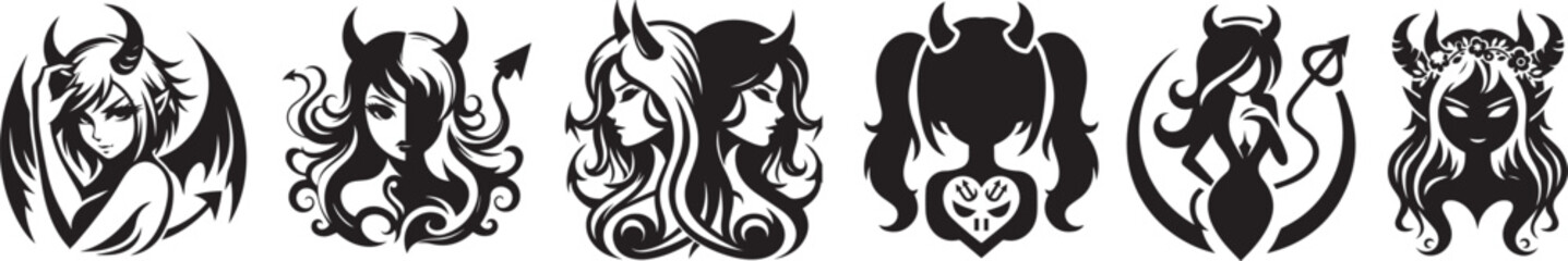 devil girls vector  set black and white vector collection graphics - obrazy, fototapety, plakaty