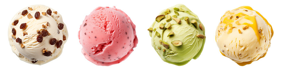 A set of scoops of strawberry, raisins, pistachio and banana ice cream isolated on a transparent background. Delicacy for children and adults. A design element to be inserted into a design or project.