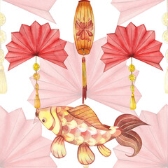 Seamless pattern for Chinese New Year. Red paper fans with gold pendants and fringe, red and yellow carps. All elements are hand-painted with watercolors. For printing on fabric, paper, invitations
