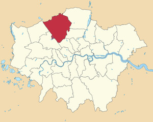 Red flat blank highlighted location map of the BOROUGH OF BARNET inside beige administrative local authority districts map of London, England