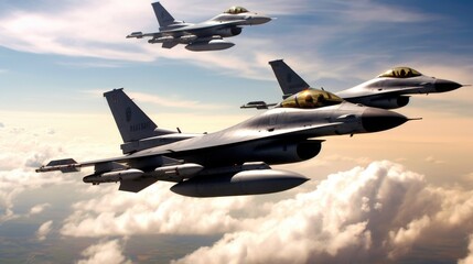 F-16 air force fighters flying over the ocean at low altitude, beautiful sky on the background